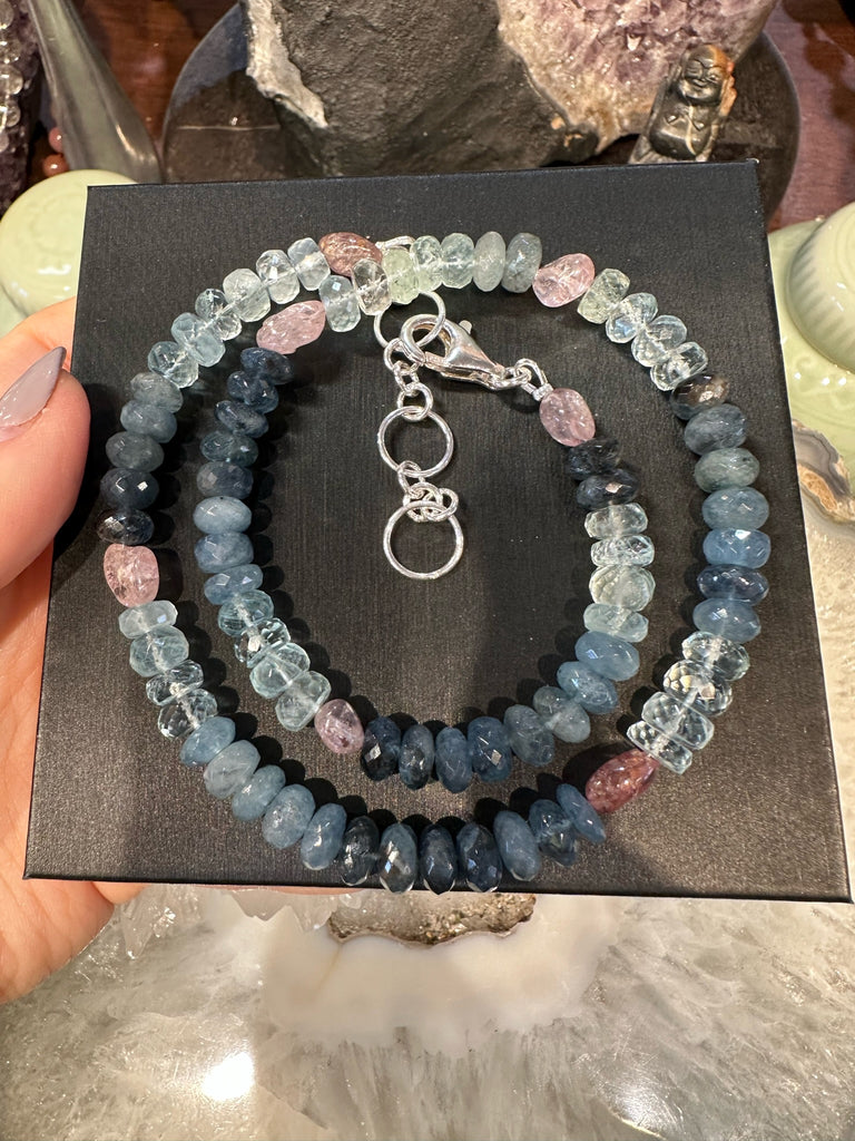 Stunning gem Aquamarine & pink spinel gemstone necklace