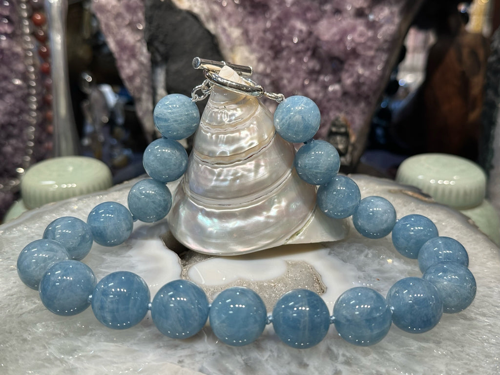 Natural Blue Aquamarine Round Gemstone Knotted Necklace - 20mm