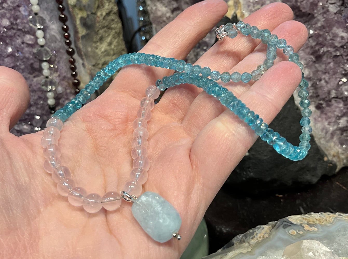 Madagascar Rose Quartz & Aqua Blue Faceted Gemstone Necklace