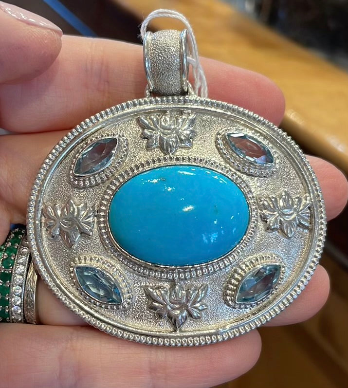 Large Nepal Persian Turquoise , Blue Topaz & sterling silver gemstone pendant