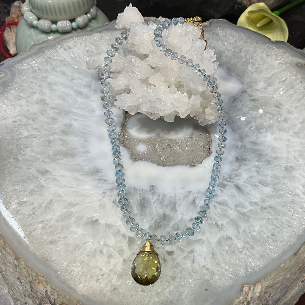 Gorgeous Faceted Aquamarine & Lemon Quartz Pendant Gemstone Necklace