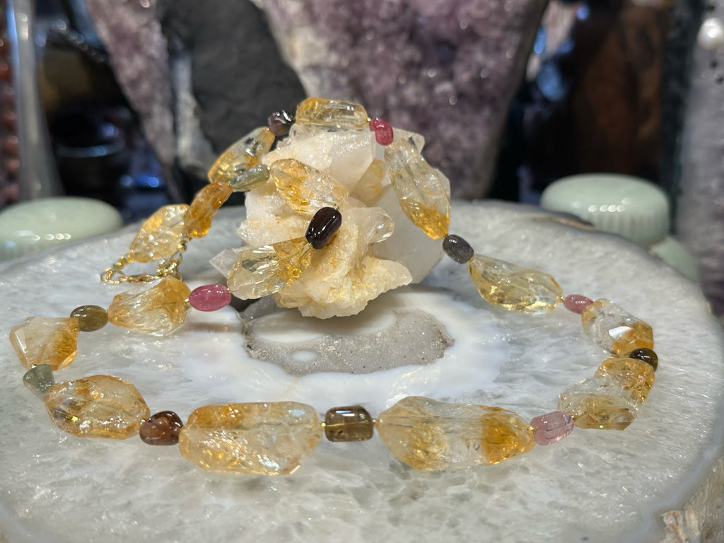 Gorgeous citrine & multicolour tourmaline gemstone necklace