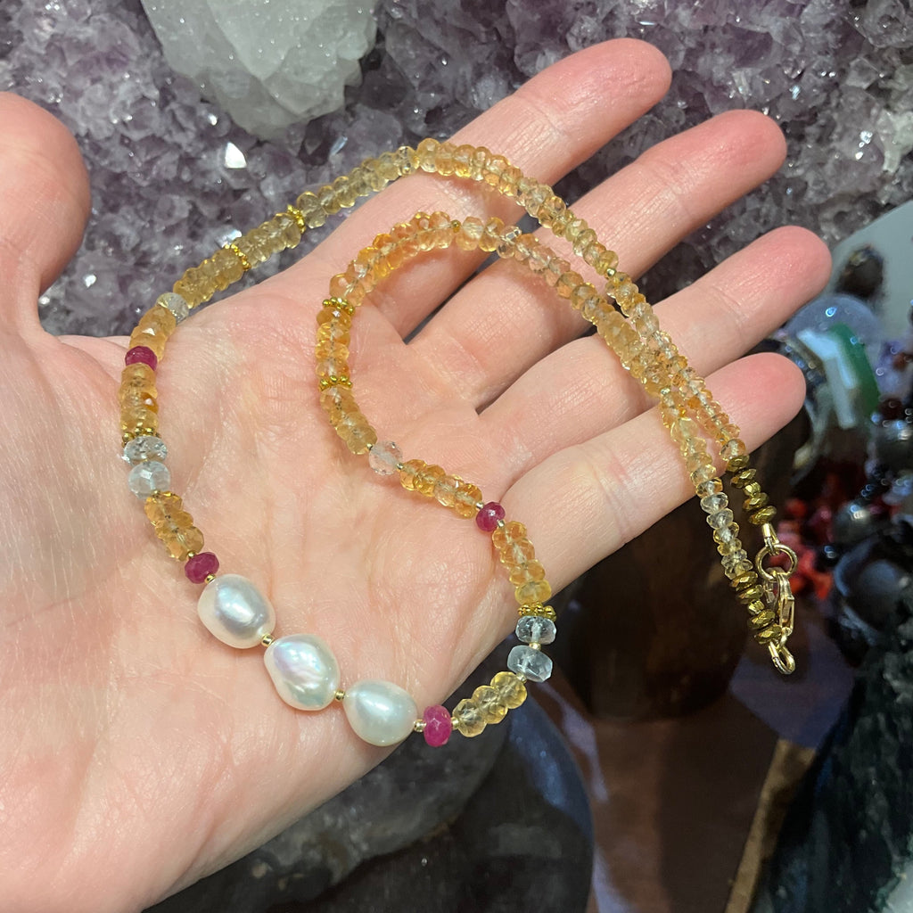 Sparkling Citrine, Pink Sapphire, Aquamarine & Freshwater Pearl Necklace