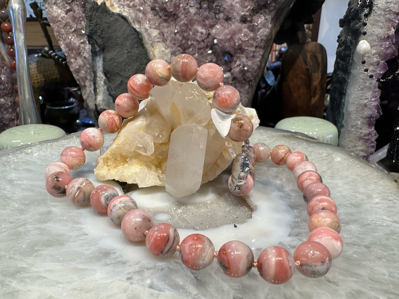 Natural Peruvian Pink Opal Round Gemstone Necklace - 12mm