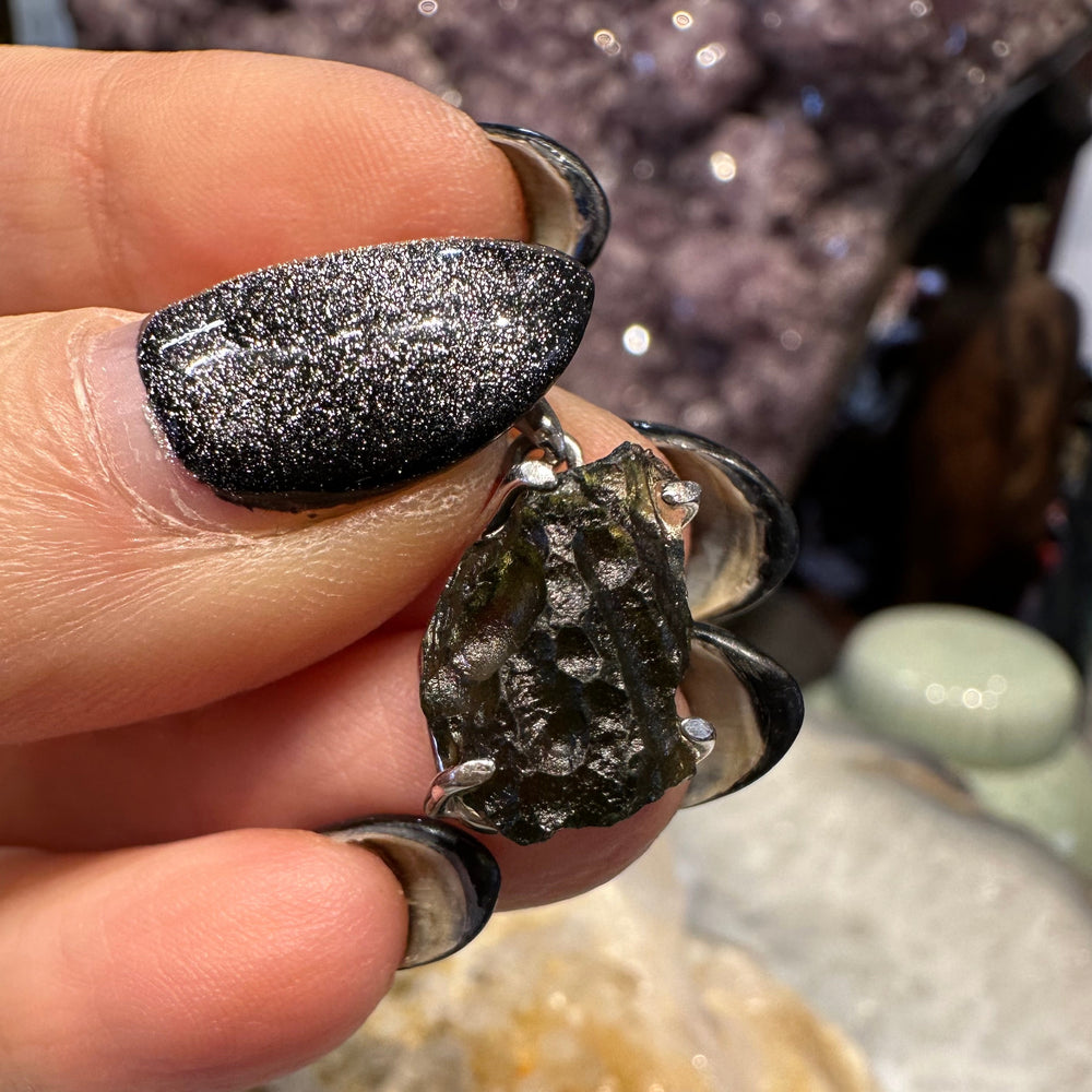 Moldavite rough sterling silver pendant
