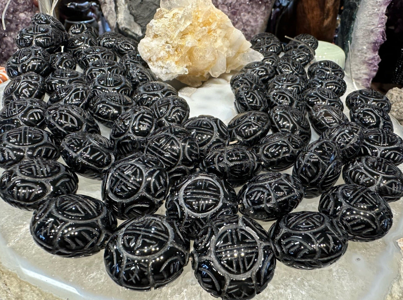Natural Black Agate large carved shou round gemstones beads