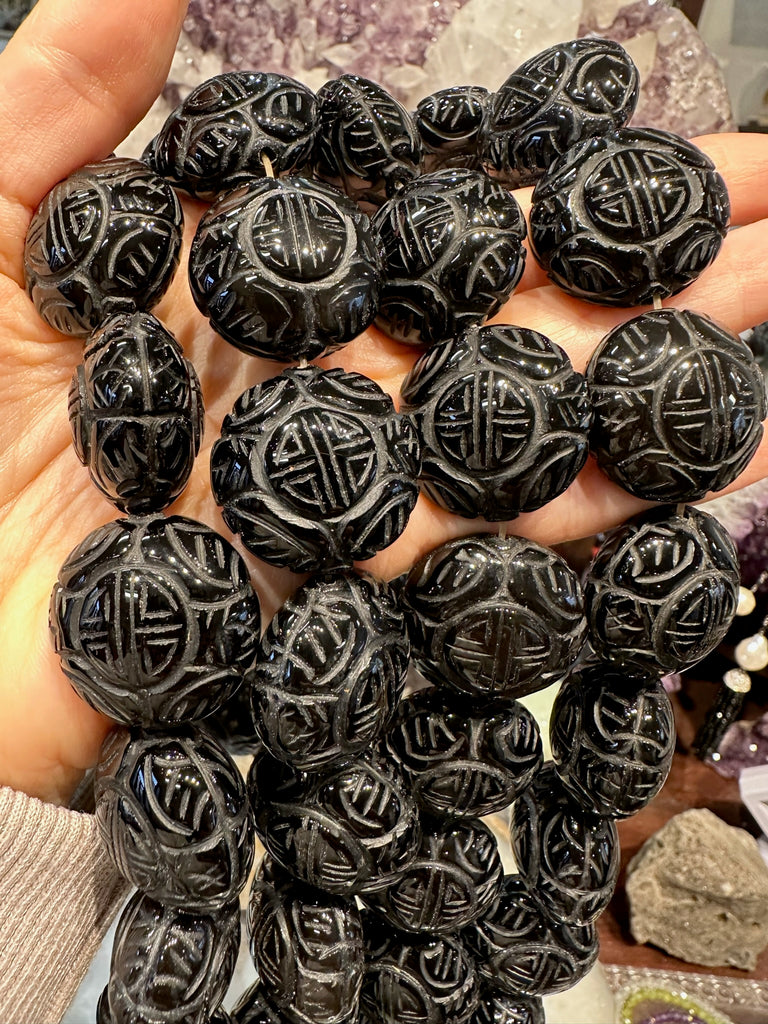 Natural Black Agate large carved shou round gemstones beads