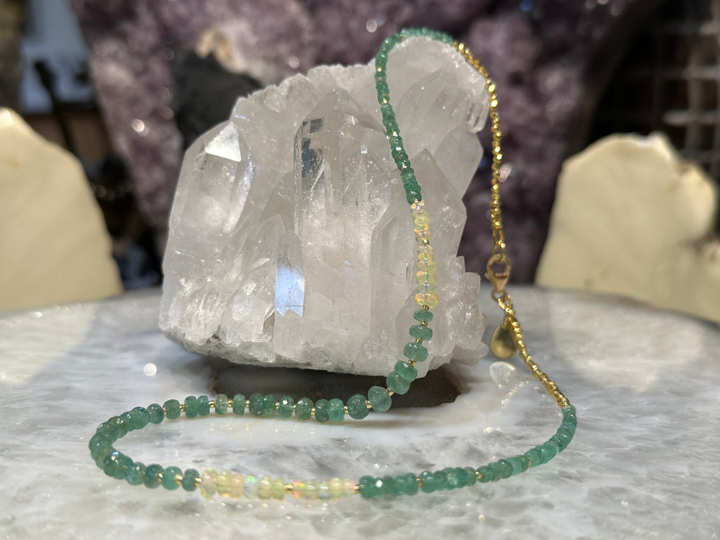 Natural Faceted Green Emerald & Welo Opals Gemstone Necklace