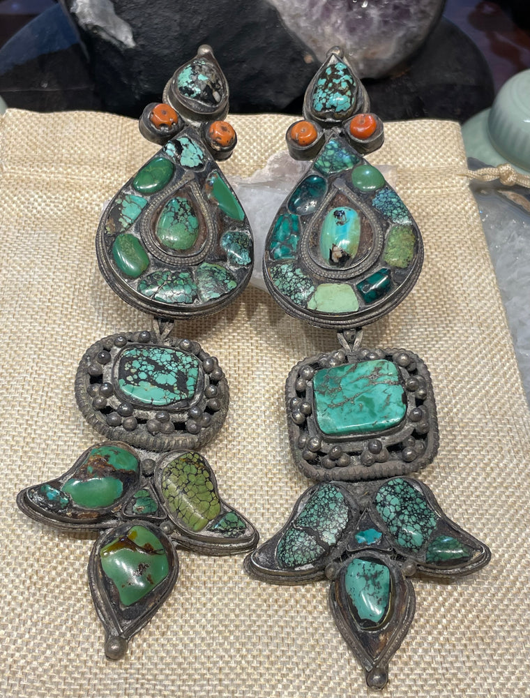 Huge Rare Antique Tibetan turquoise & coral Akor earrings