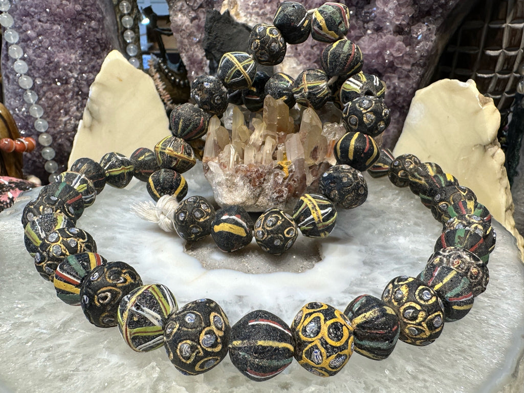 Large Antique African King Trade Black Multicolor Beads - Bicone Shape