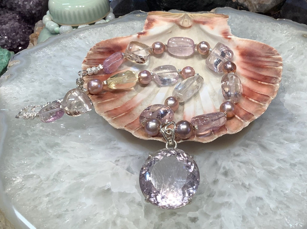 Natural Gem Pink Kunzite, Lilac Edison Pearls & Pink Amethyst Gemstone Bead Necklace