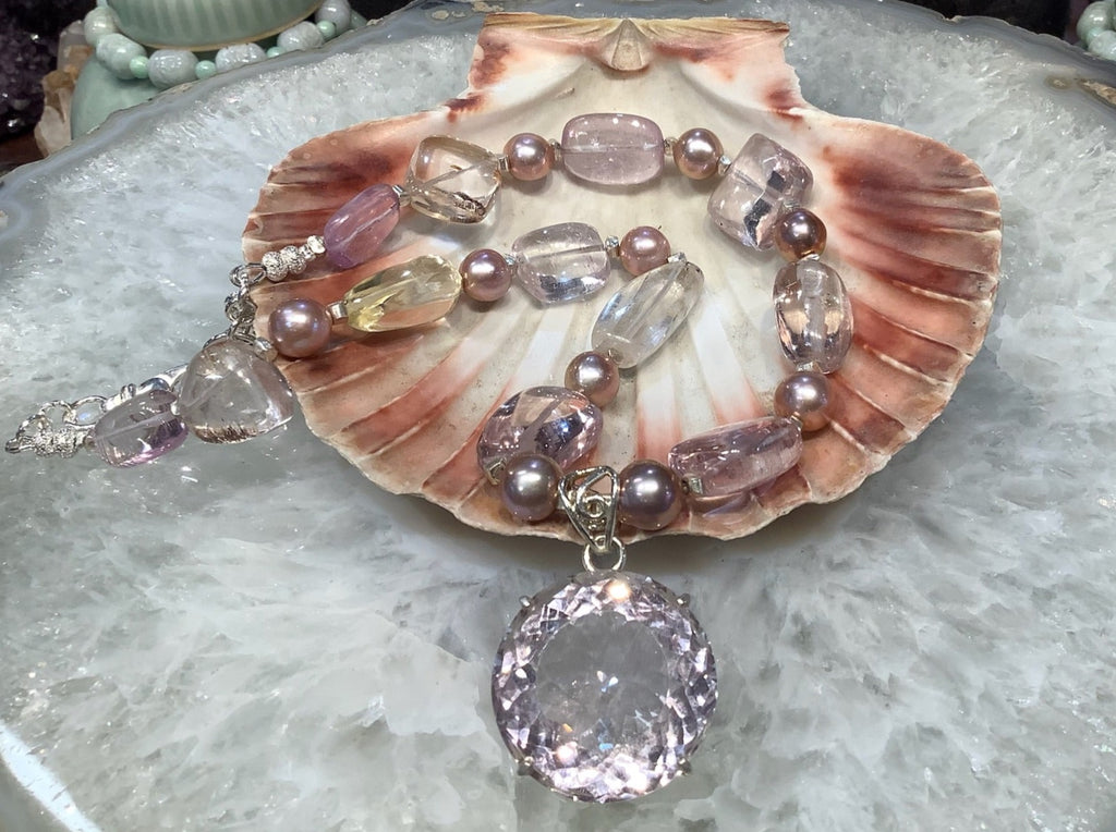 Natural Gem Pink Kunzite, Lilac Edison Pearls & Pink Amethyst Gemstone Bead Necklace