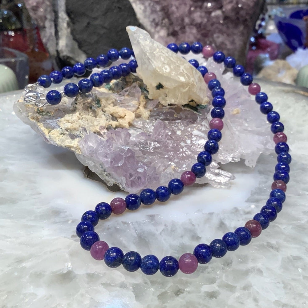 Blue Lapis Lazuli & Natural Red Ruby Gemstone Bead Necklace