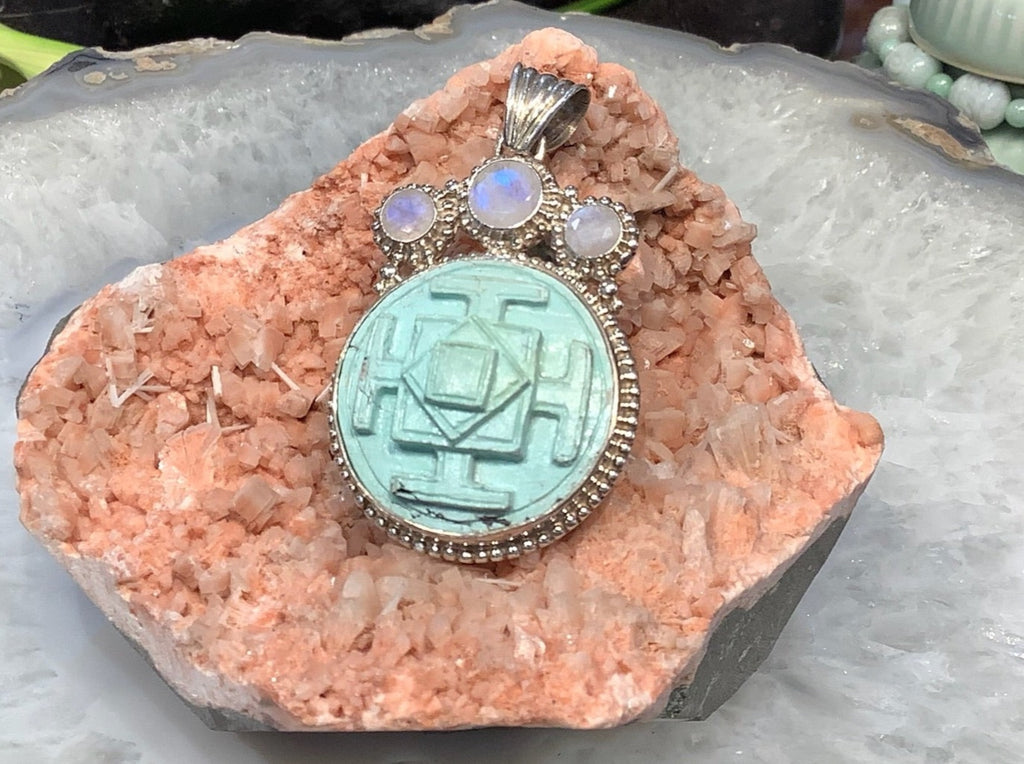 Magnificent Large Carved Nepal turquoise & Blue Flash Moonstone sterling silver pendant