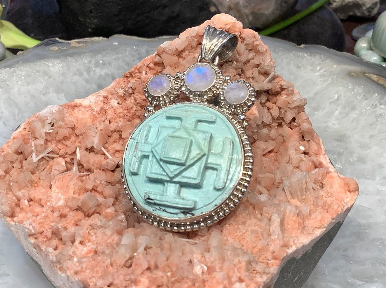 Magnificent Large Carved Nepal turquoise & Blue Flash Moonstone sterling silver pendant