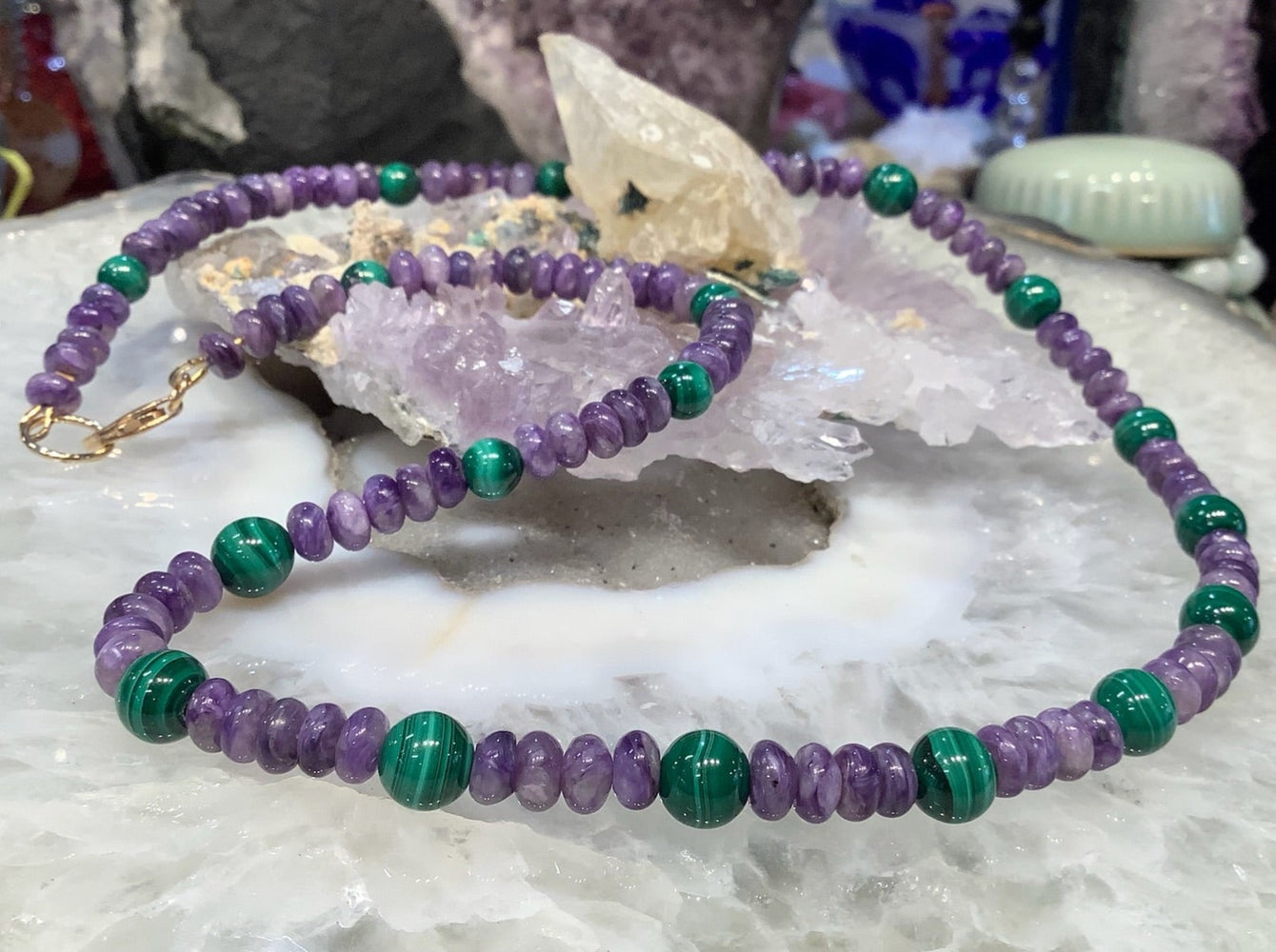 Natural Purple Charoite Rondelle & Green Malachite Round Gemstone Necklace