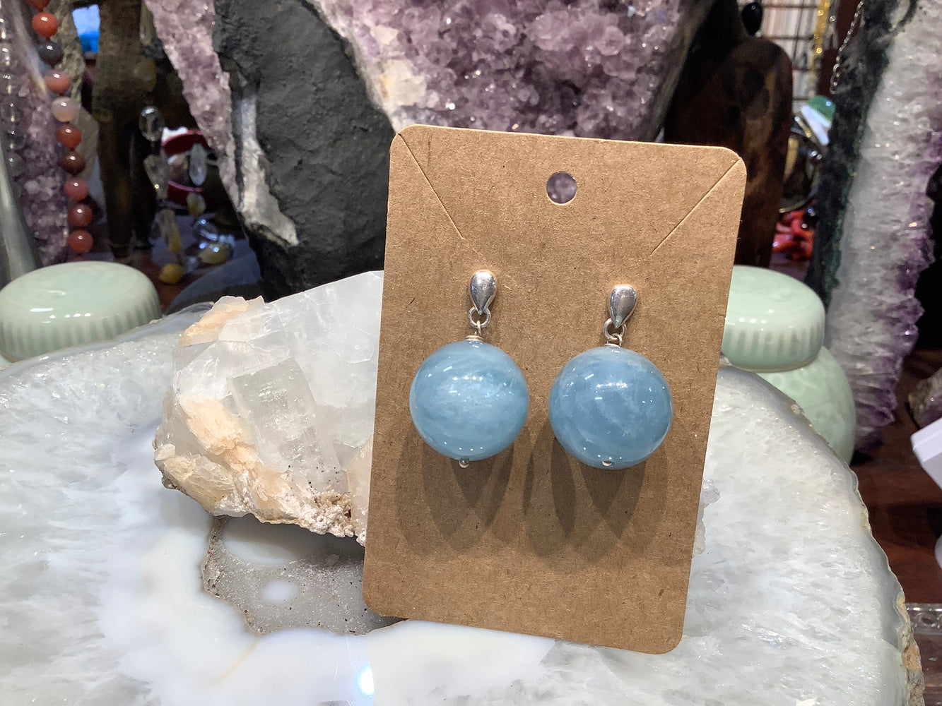 Gorgeous aquamarine 20mm chatoyance gemstone earrings