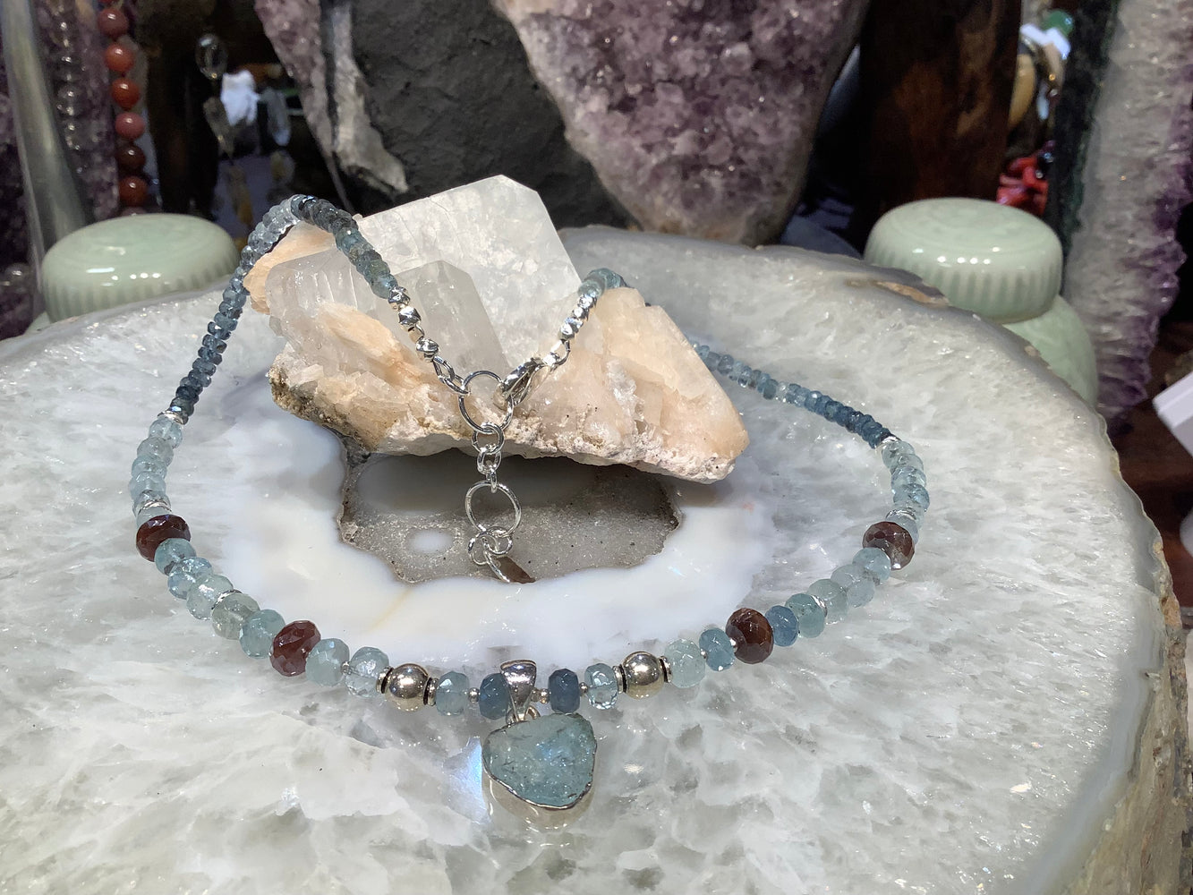 Gorgeous Aquamarine faceted rondelle  & pendant  gemstone necklace