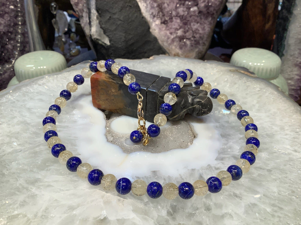 Blue Lapis Lazuli & Yellow Citrine Round Gemstone Bead Necklace