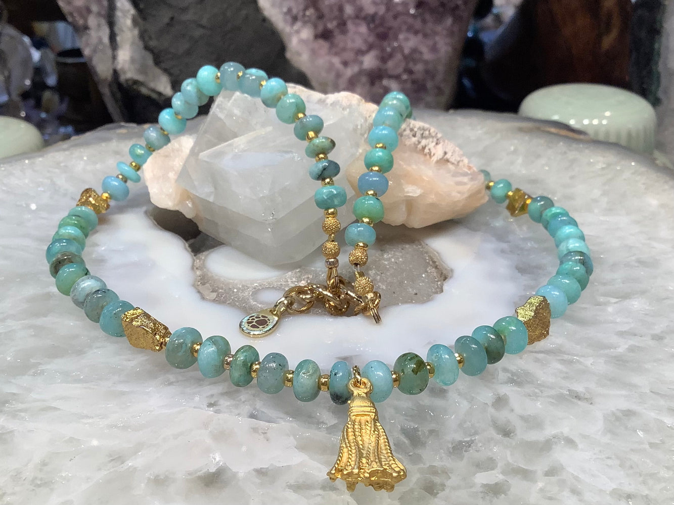 Peruvian blue opal rondelle & pyrite tassel gemstone necklace