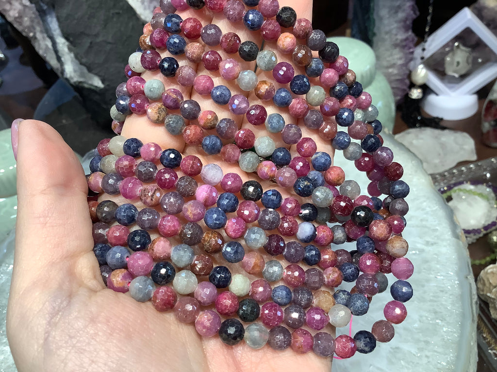 Natural Red Ruby & Blue Sapphire Faceted Round Gemstone Beads