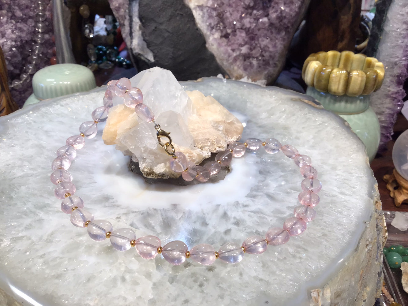 Rose Quartz Heart Shape Gemstone Beads Necklace