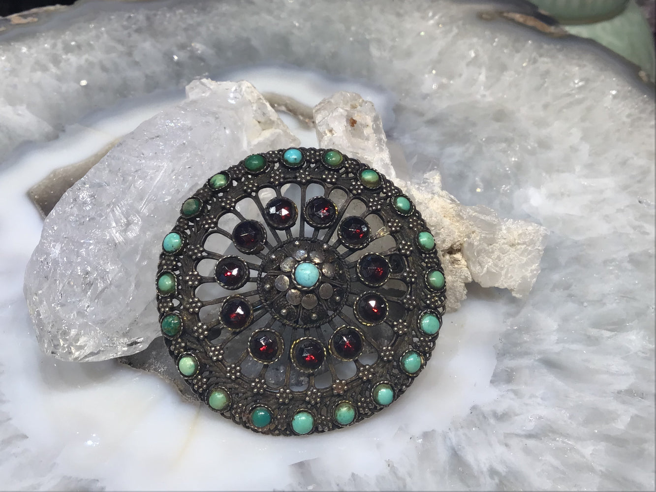 Antique Persian silver turquoise garnet pin