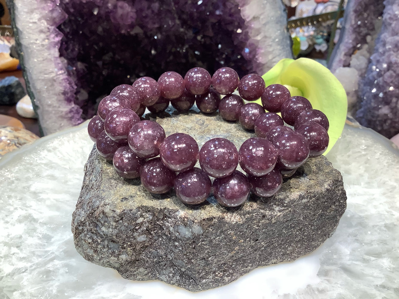 Natural Purple Lepidolite Gemstone Round Bead Bracelet - healing energy 12mm