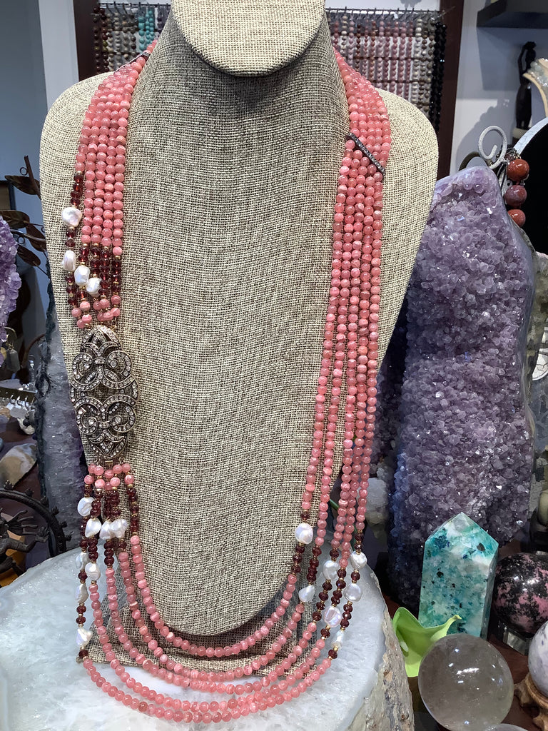 Stunning Rhodochrosite garnet & pearl multi strand gemstone necklace