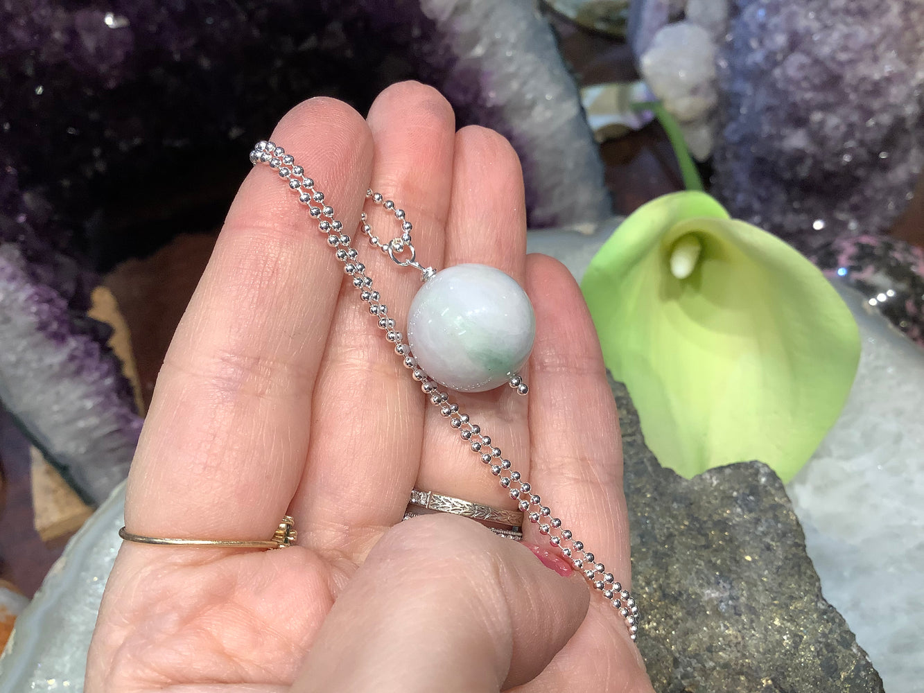 Lavender jade pendant 17mm gemstone necklace sterling chain