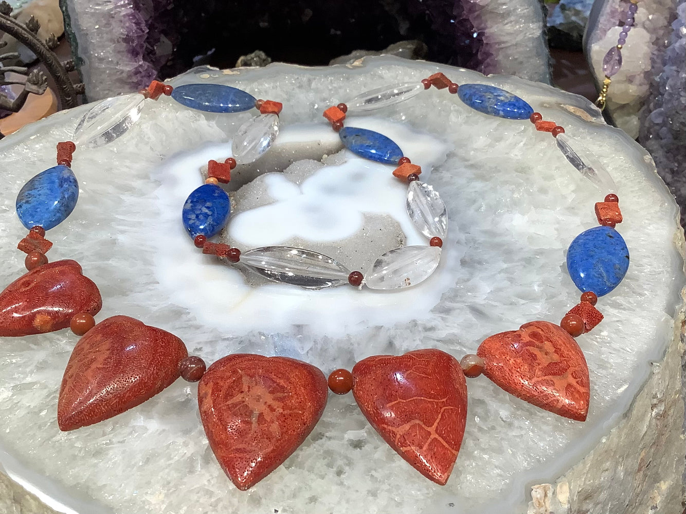 Large lapis Quartz & sponge coral heart gemstone necklace