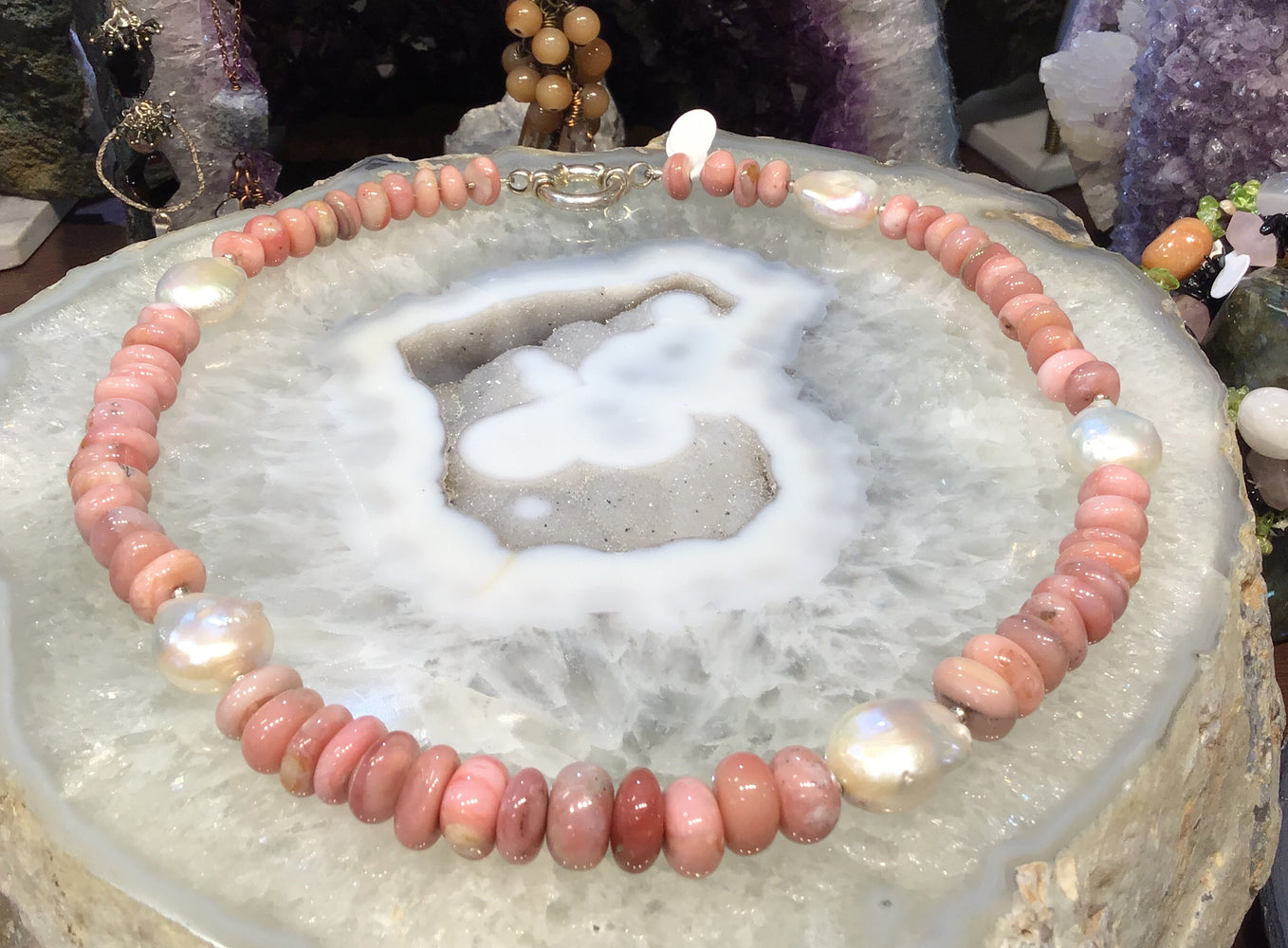 Pink opal & freshwater pearl gemstone necklace