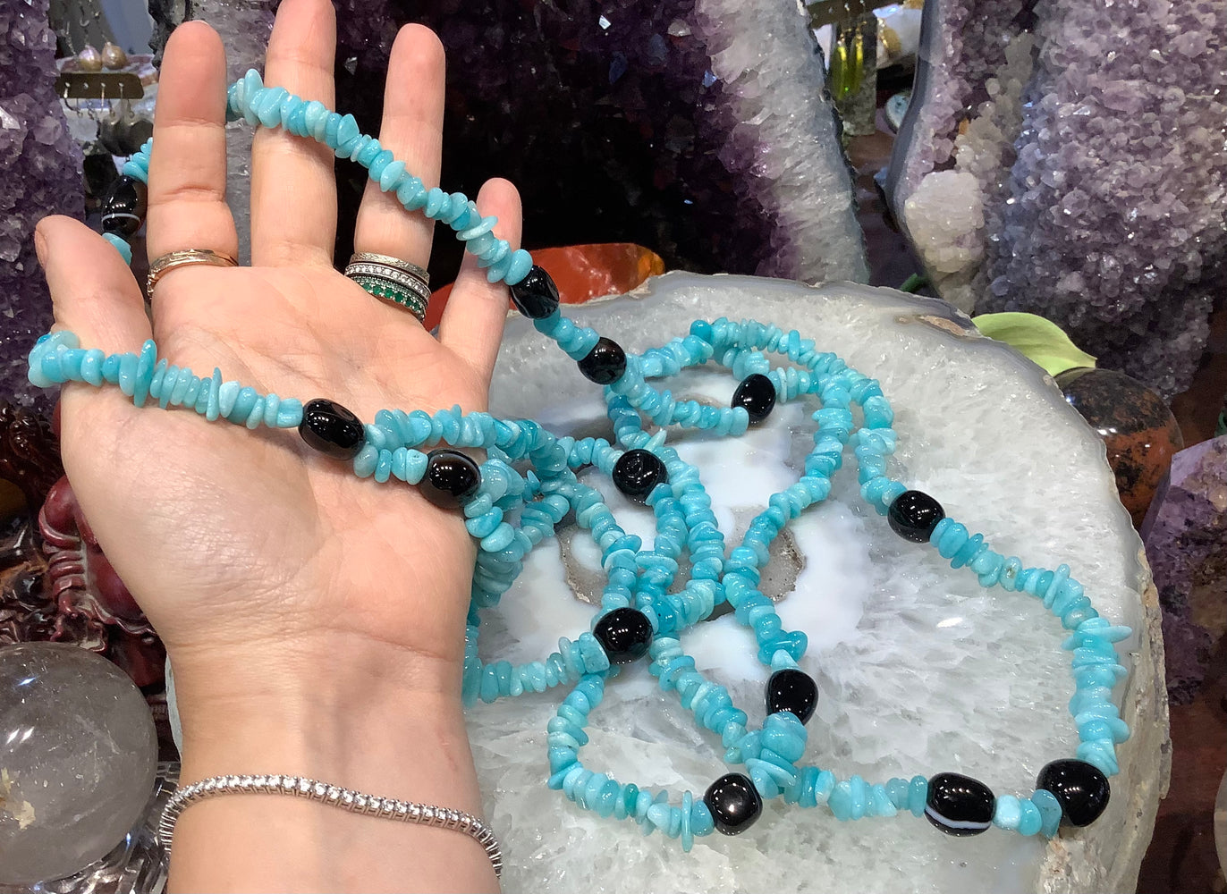Multi strand Peruvian Amazonite & onyx gemstone necklace