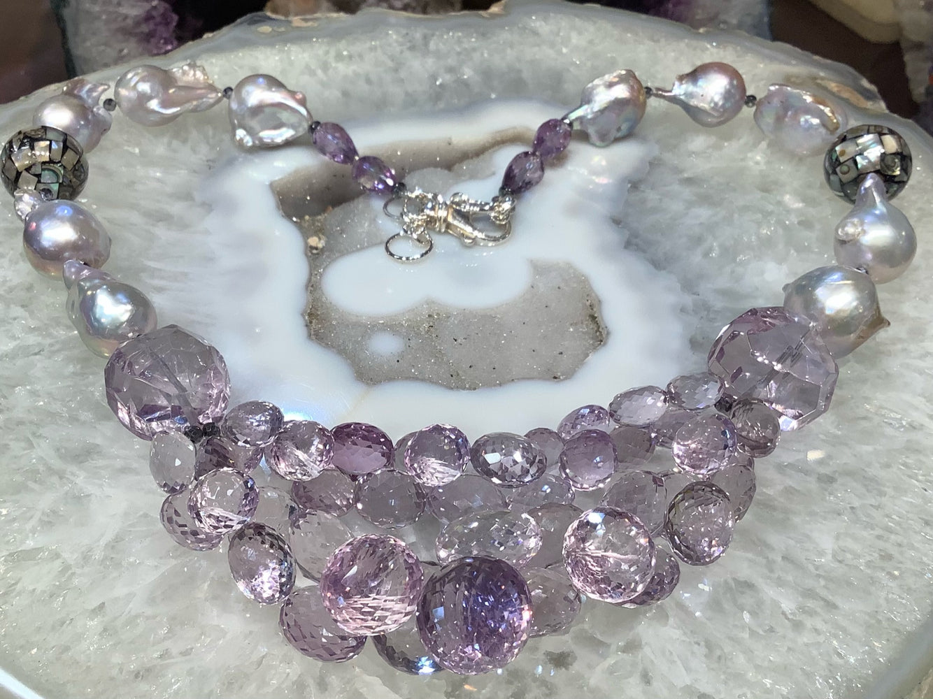 Exquisite Baroque Pearls, Brazil Amethyst, Lavender Amethyst Gemstone Necklace