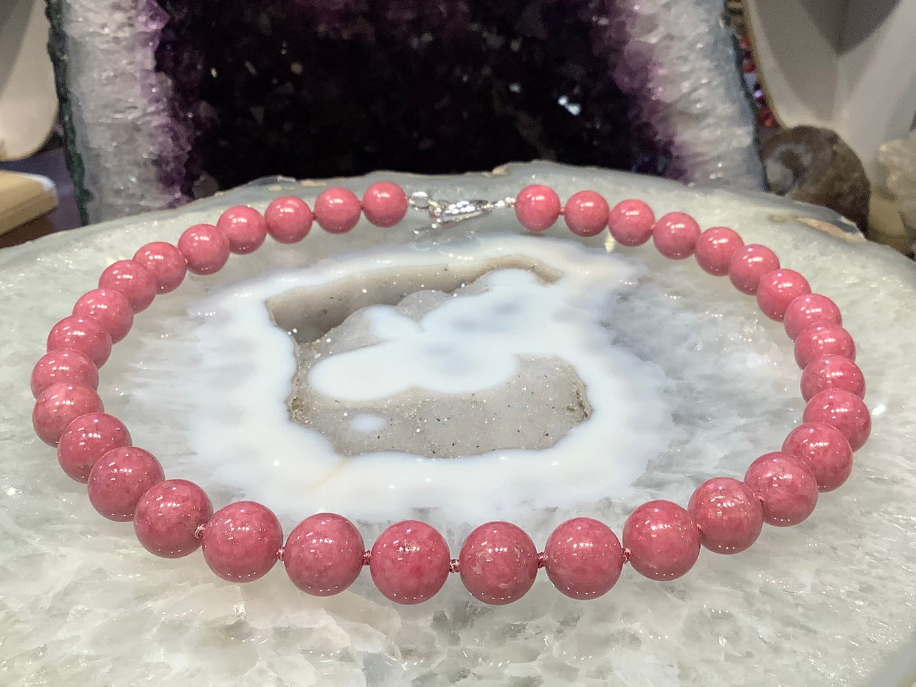 Beautiful pink rhodonite 12mm gemstone necklace