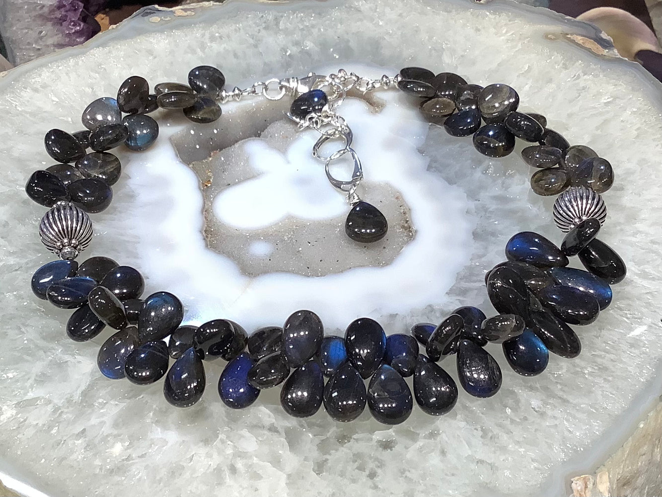 Gorgeous Black labradorite flash & silver gemstone necklace