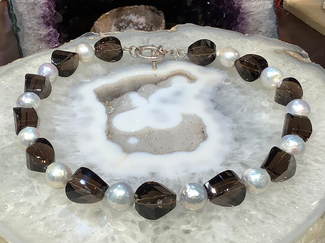 Natural pearl & smoky quartz gemstone necklace