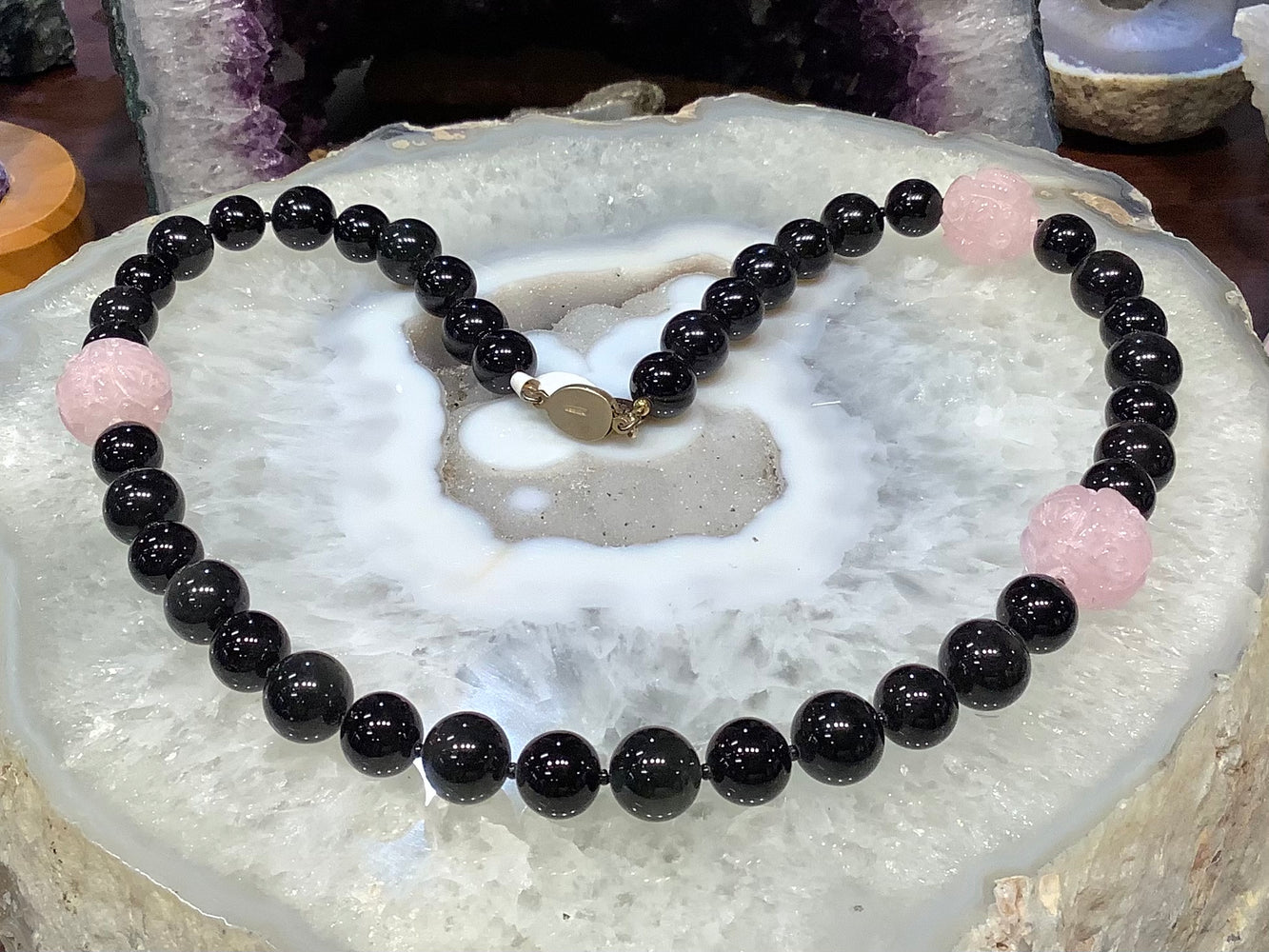 Rainbow obsidian & carved shou pink morganite gemstone necklace