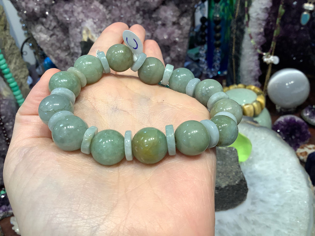 Natural green jadeite jade 14mm gemstone bracelet C