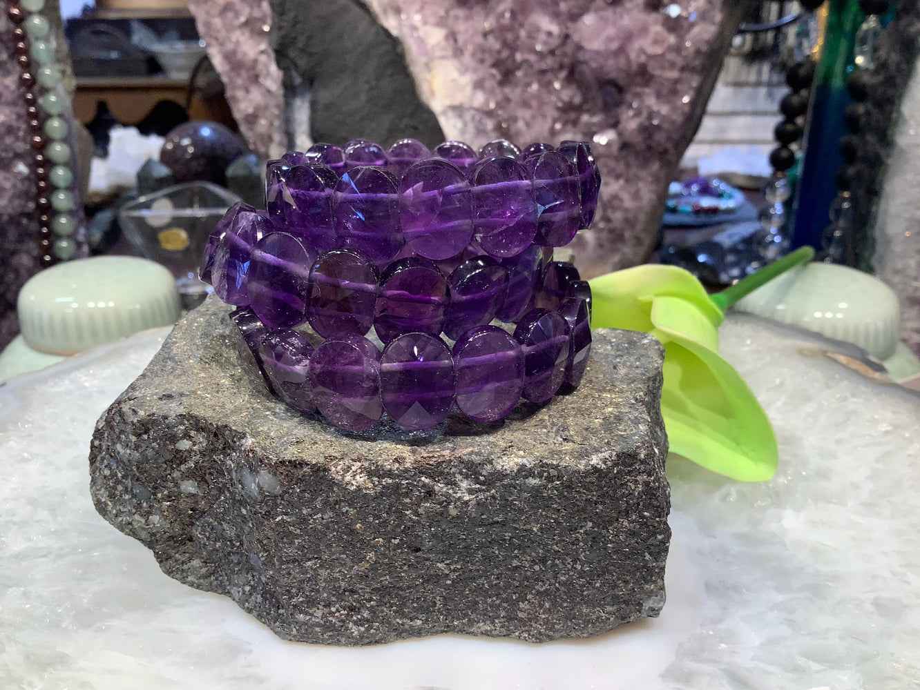 Faceted Cut Brazil Purple Amethyst 2 Hole Cuff gemstone bracelet