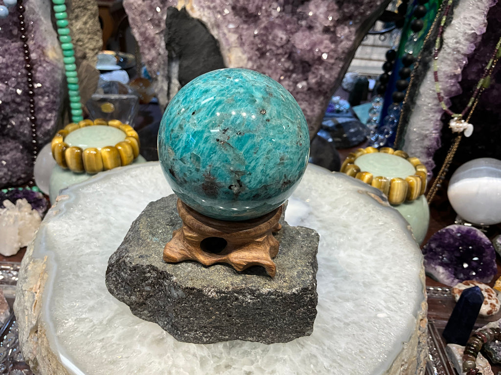 65mm Stunning Natural Peruvian Amazonite with Smoky Quartz Round Gemstone Sphere