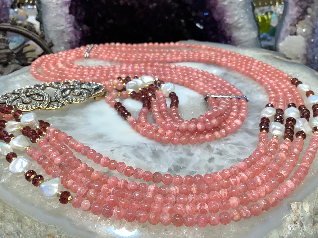 Stunning Rhodochrosite garnet & pearl multi strand gemstone necklace