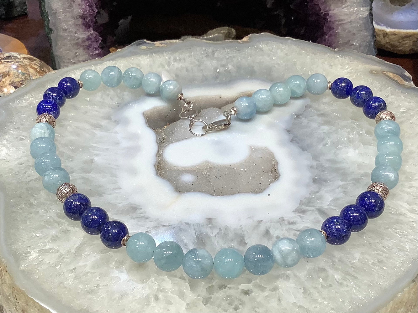 Aquamarine Lapis Sterling Gemstone Bead Necklace