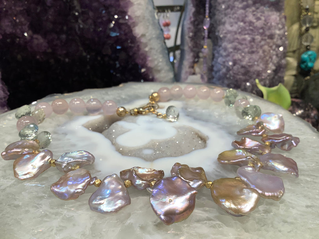 Stunning Natural keshi pearl & gemstone bead necklace
