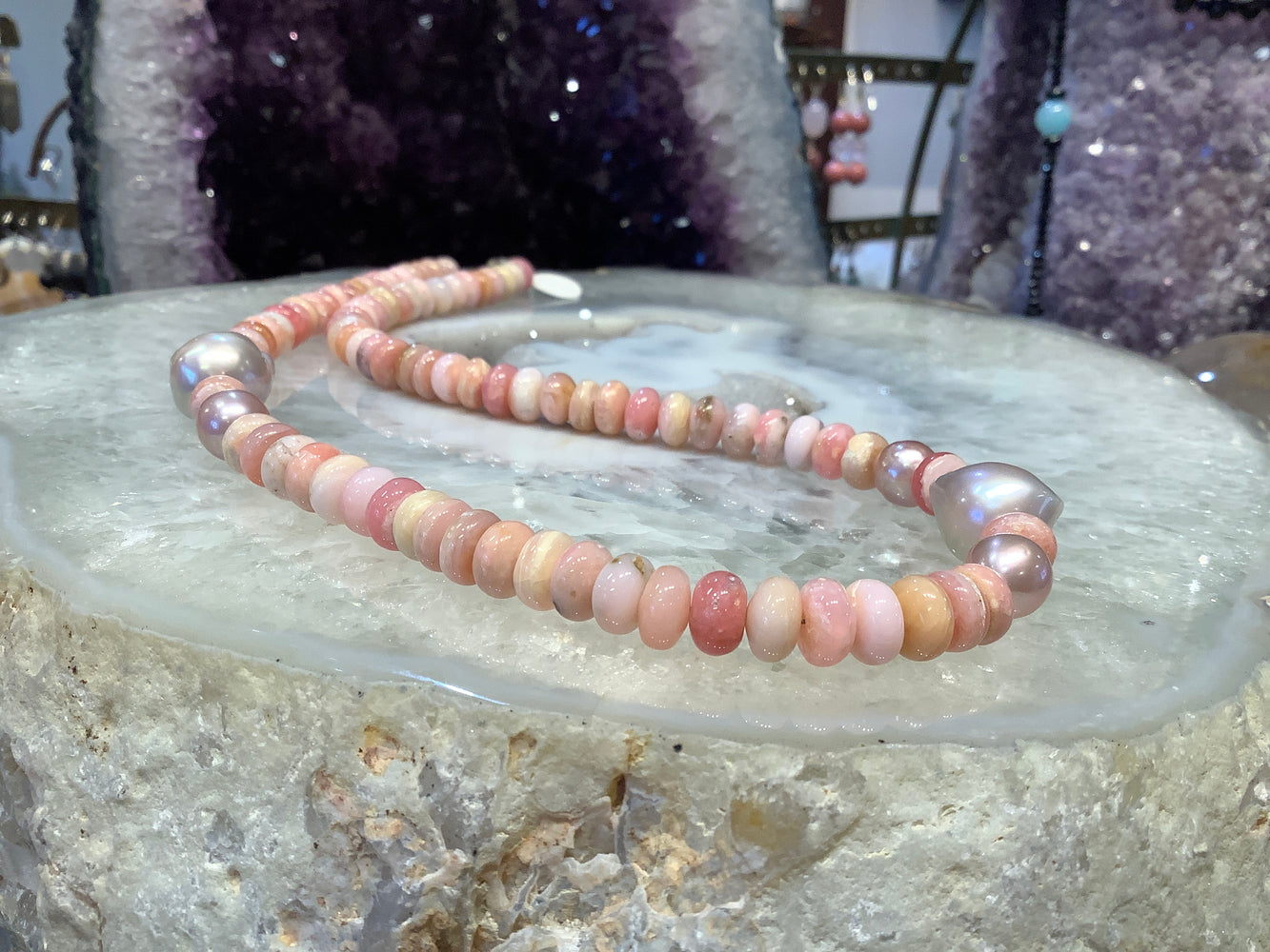 Peruvian Pink opal Rondelle  & Natural freshwater pearl gemstone necklace