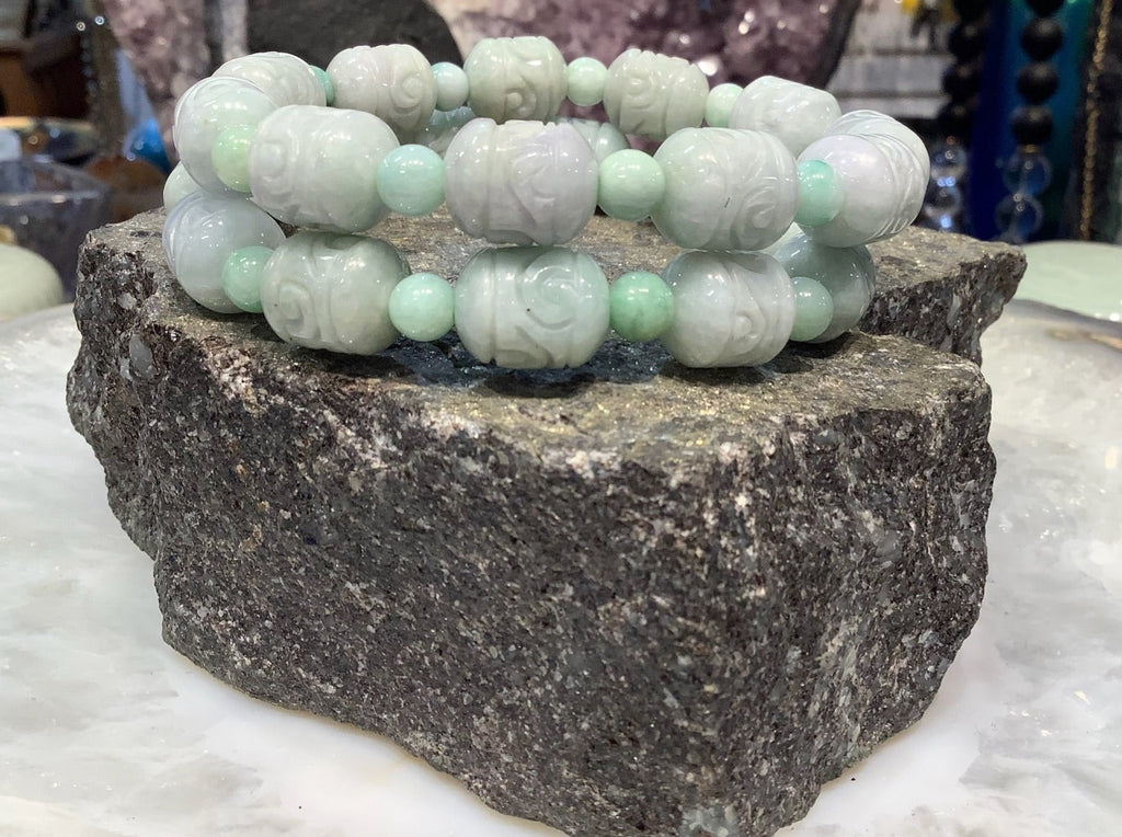 Natural Green Jade Jadeite Carved Barrel Bracelet