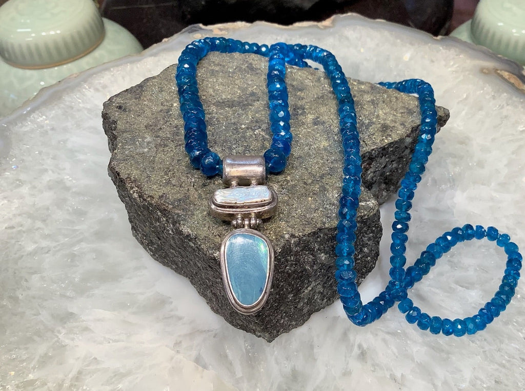 Natural Neon Apatite Faceted Gemstone Necklace with Opal & Pearl Pendant