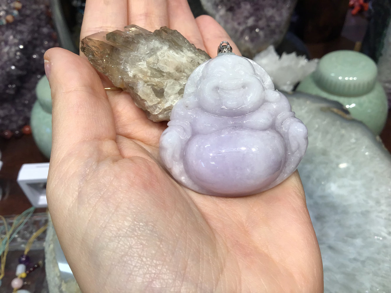 Beautiful Lavender jadeite jade carved Buddha pendant