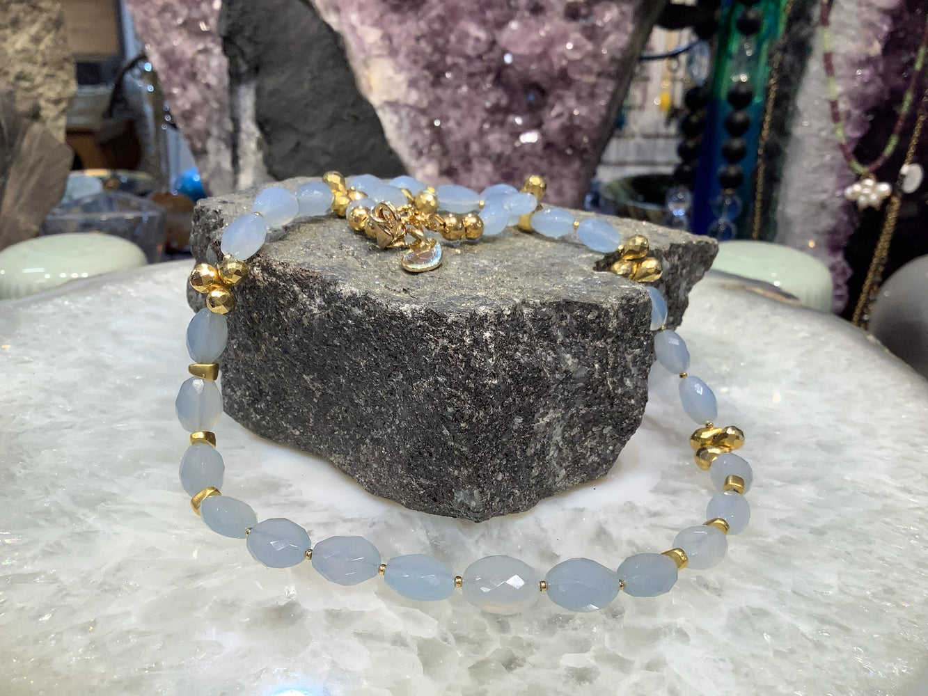 Beautiful blue chalcedony faceted nugget & pyrite gemstone necklace