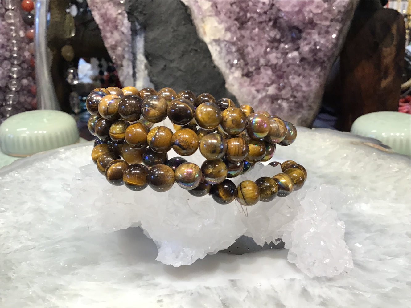 Tiger eye 8mm with aura gemstone bracelet